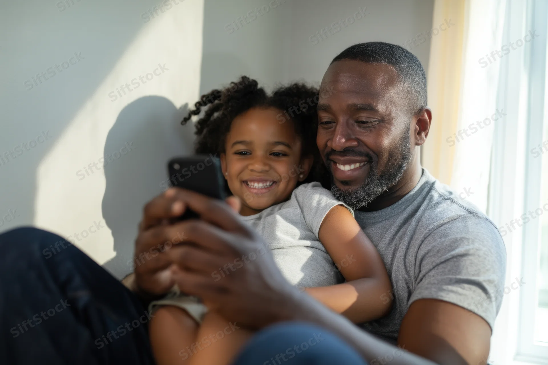 Father and daughter smiling while looking at smartphone together indoors
