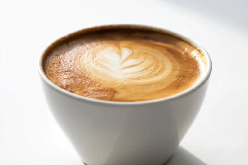 Latte art heart design on creamy coffee surface in white ceramic cup
