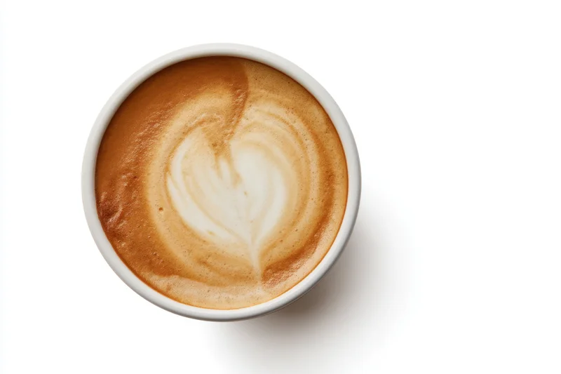 Heart-shaped latte art on creamy coffee surface in white cup, top view