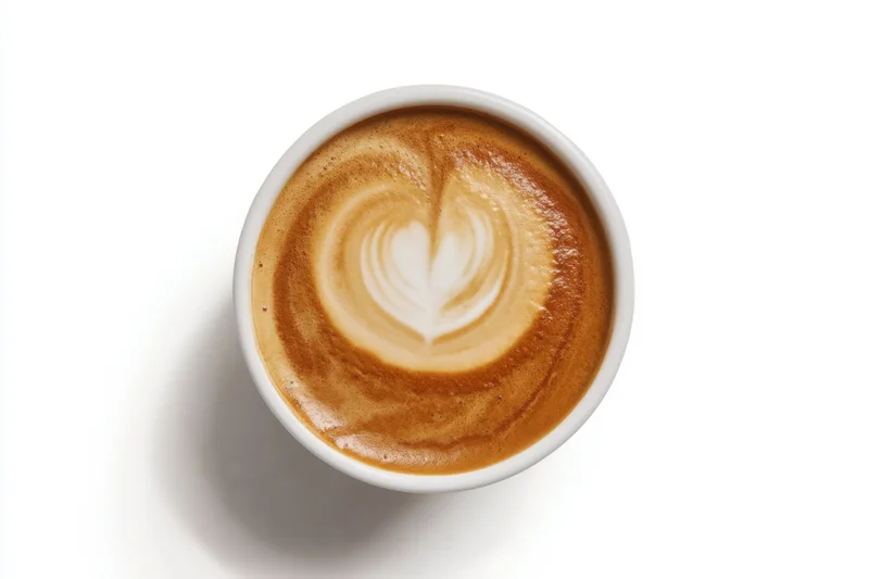 Latte art heart design on creamy coffee surface in white cup viewed from above