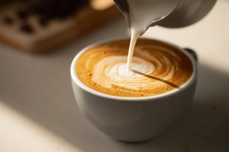 Milk being poured into a ceramic cup to create latte art on a tabletop
