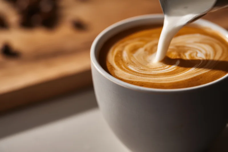 Milk being poured into a grey ceramic cup of latte creating swirling foam art on a wooden surface