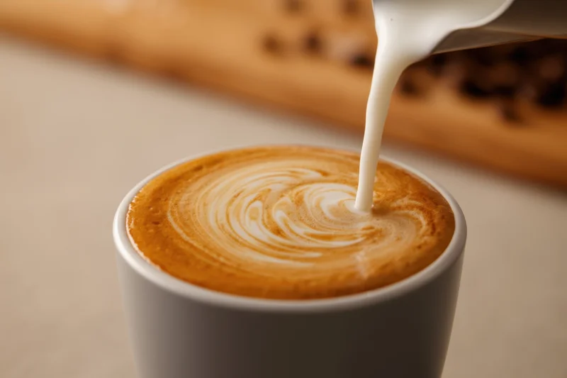 Milk being poured into a grey ceramic cup creating latte art swirls