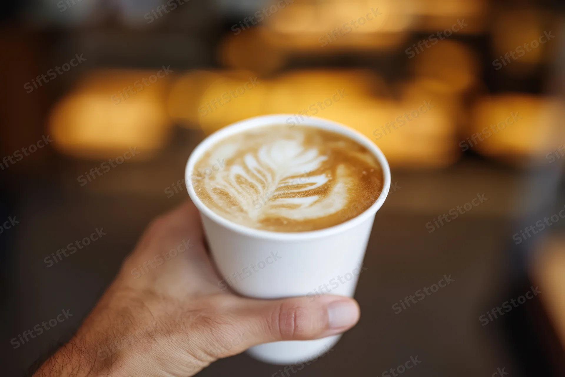 Hand holding a white disposable cup with latte art foam in a cafe setting