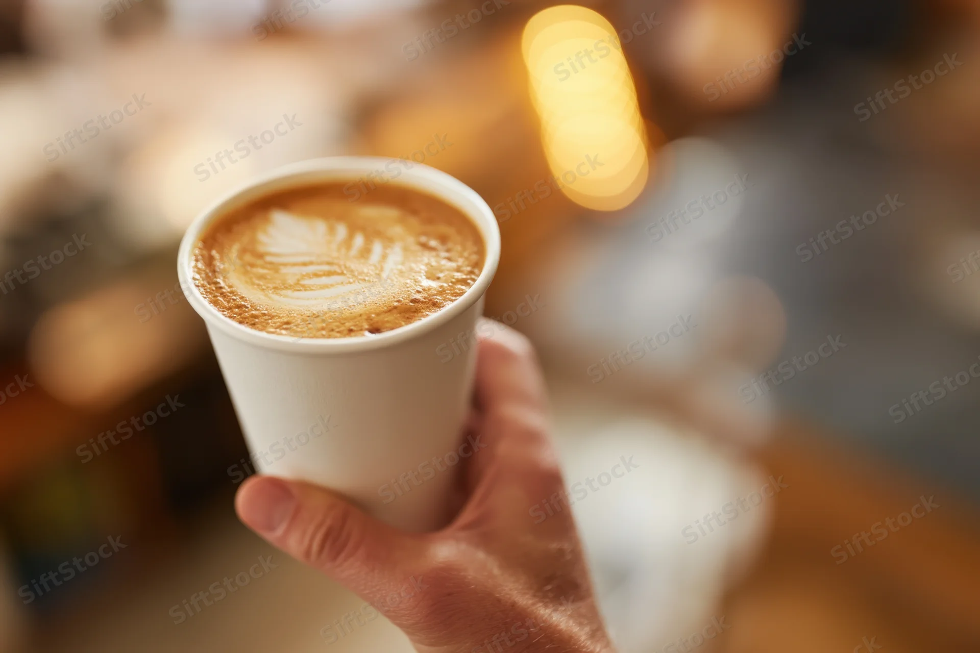Hand holding a latte in a white disposable cup with leaf latte art, blurred cafe background