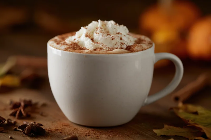 Latte topped with whipped cream and cinnamon dusted on a wooden table with autumn leaves and spices around