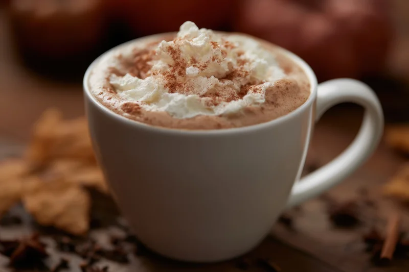 Latte topped with whipped cream and cinnamon dusted on a wooden table with spices around