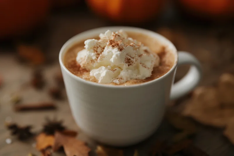 Latte topped with whipped cream and cinnamon dusted on a rustic wooden table surrounded by autumn leaves and spices