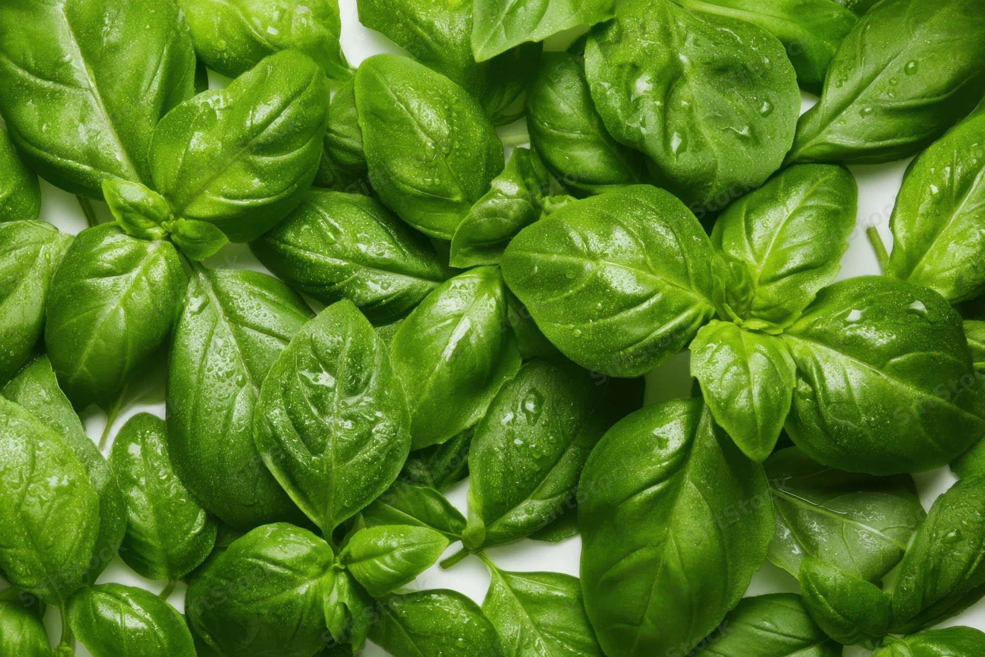 Fresh basil leaves arranged in a lush cluster on a white surface