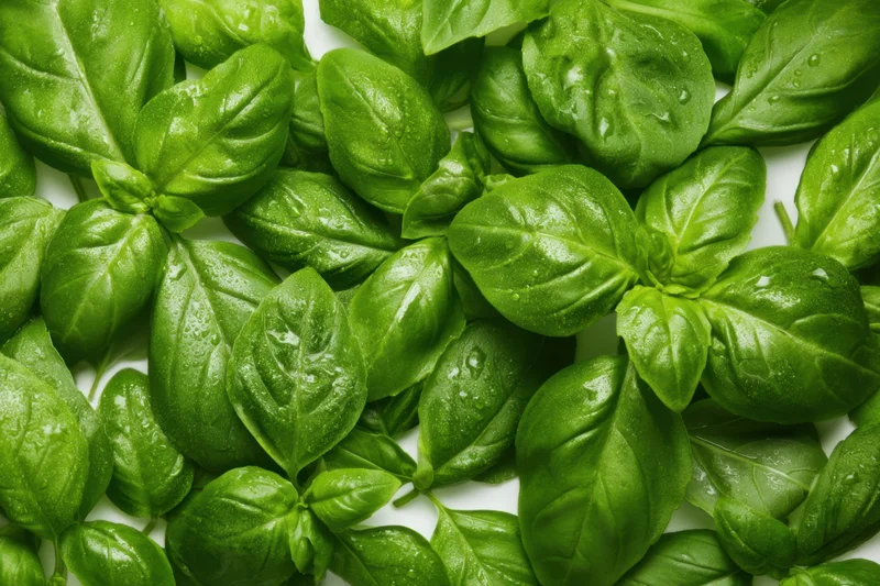 Fresh basil leaves arranged in a lush cluster on a white surface