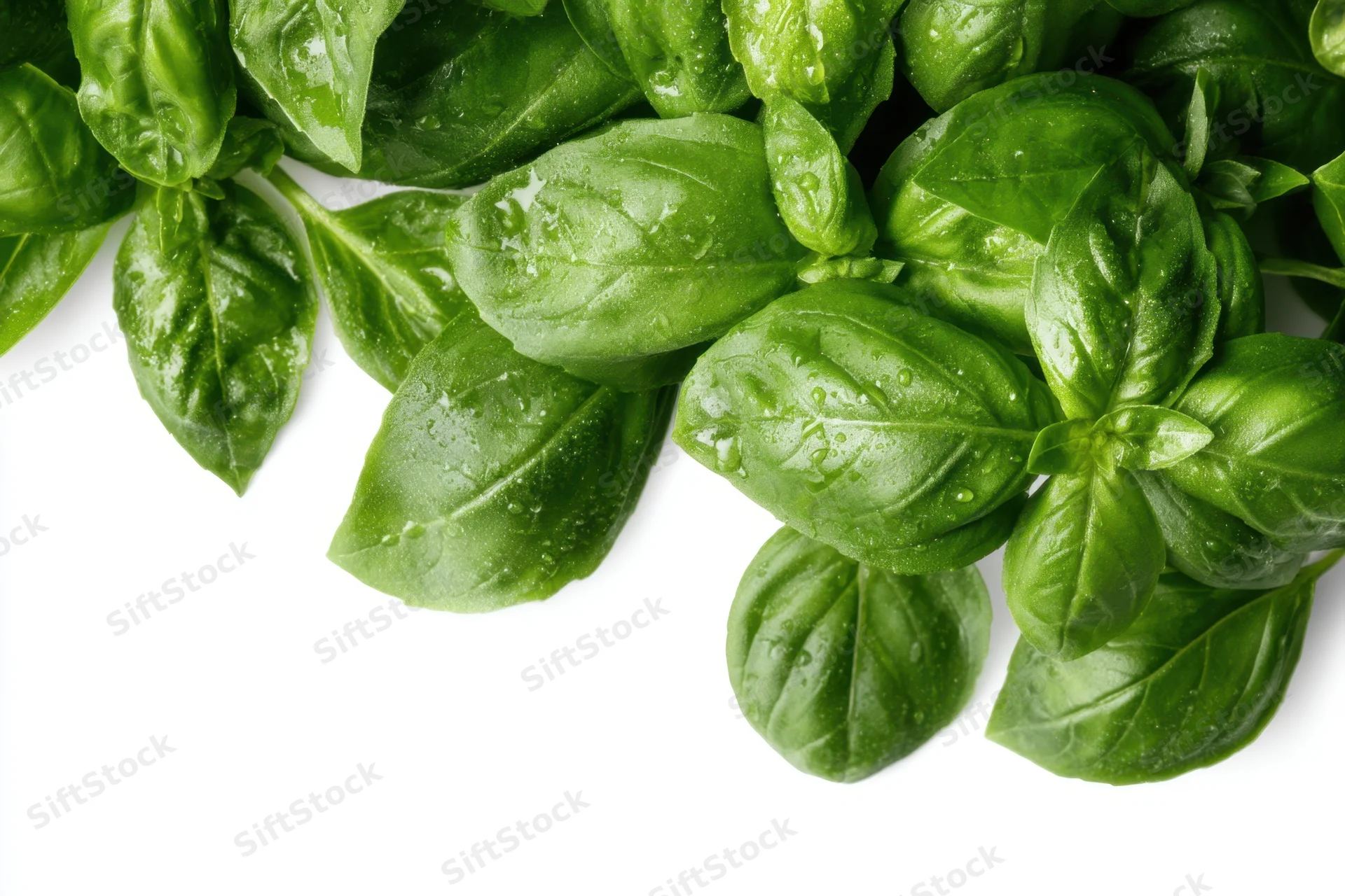Fresh basil leaves arranged in a lush cluster on white background