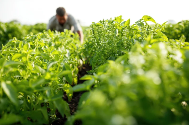 Farmer tending rows of basil plants in a sunlit field