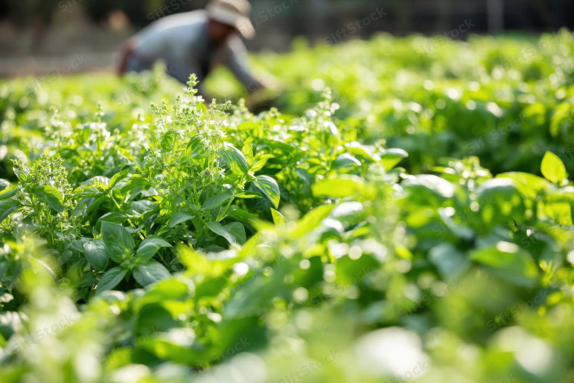 Basil plants growing in a field with a farmer tending them in the morning light