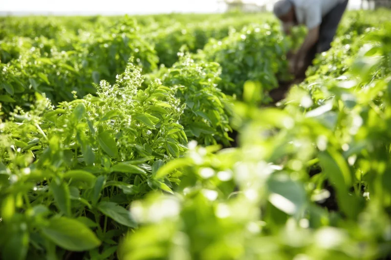 Farmer tending rows of basil plants in a sunlit field