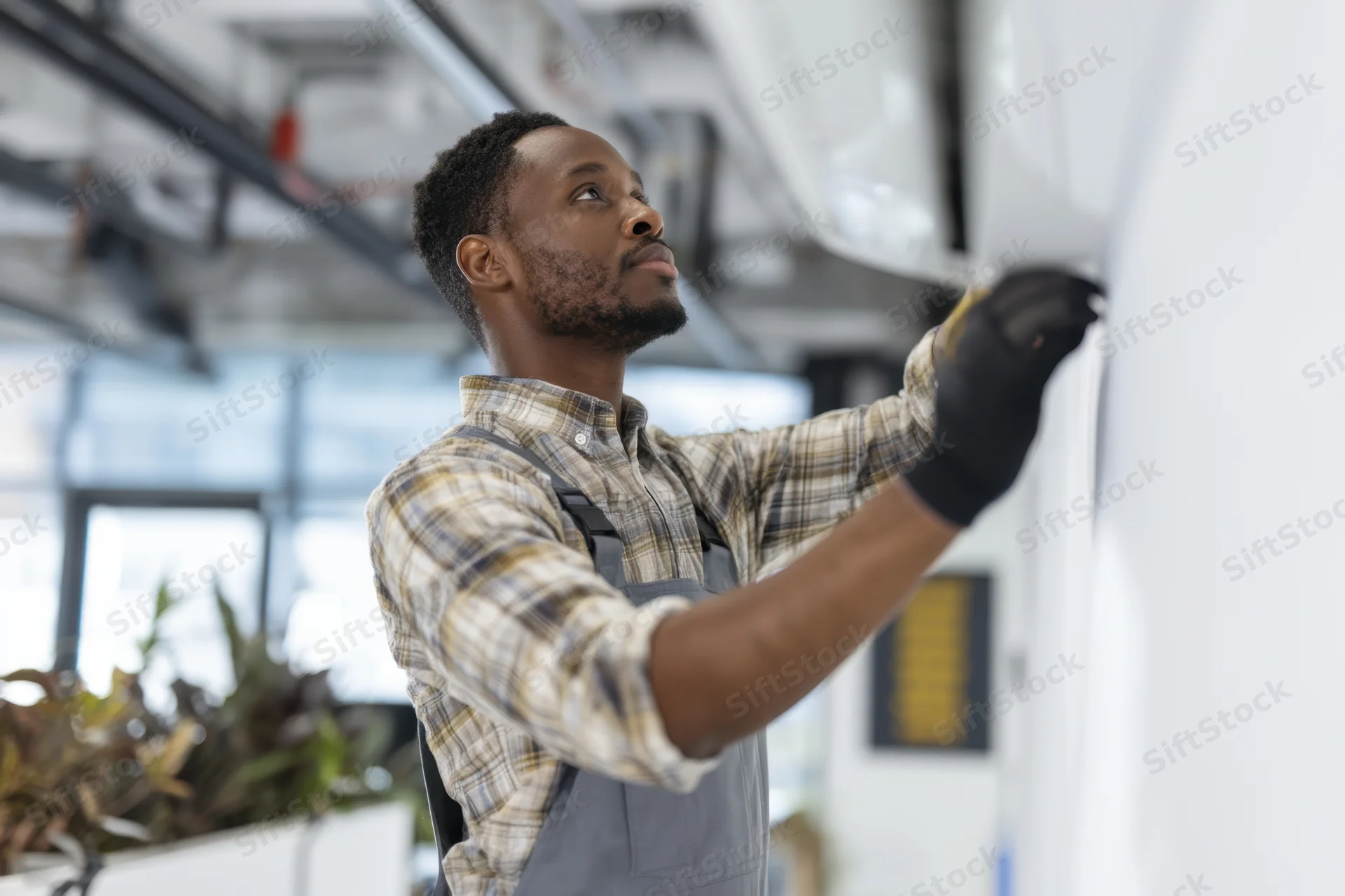 Black maintenance worker inspecting air conditioning unit indoors