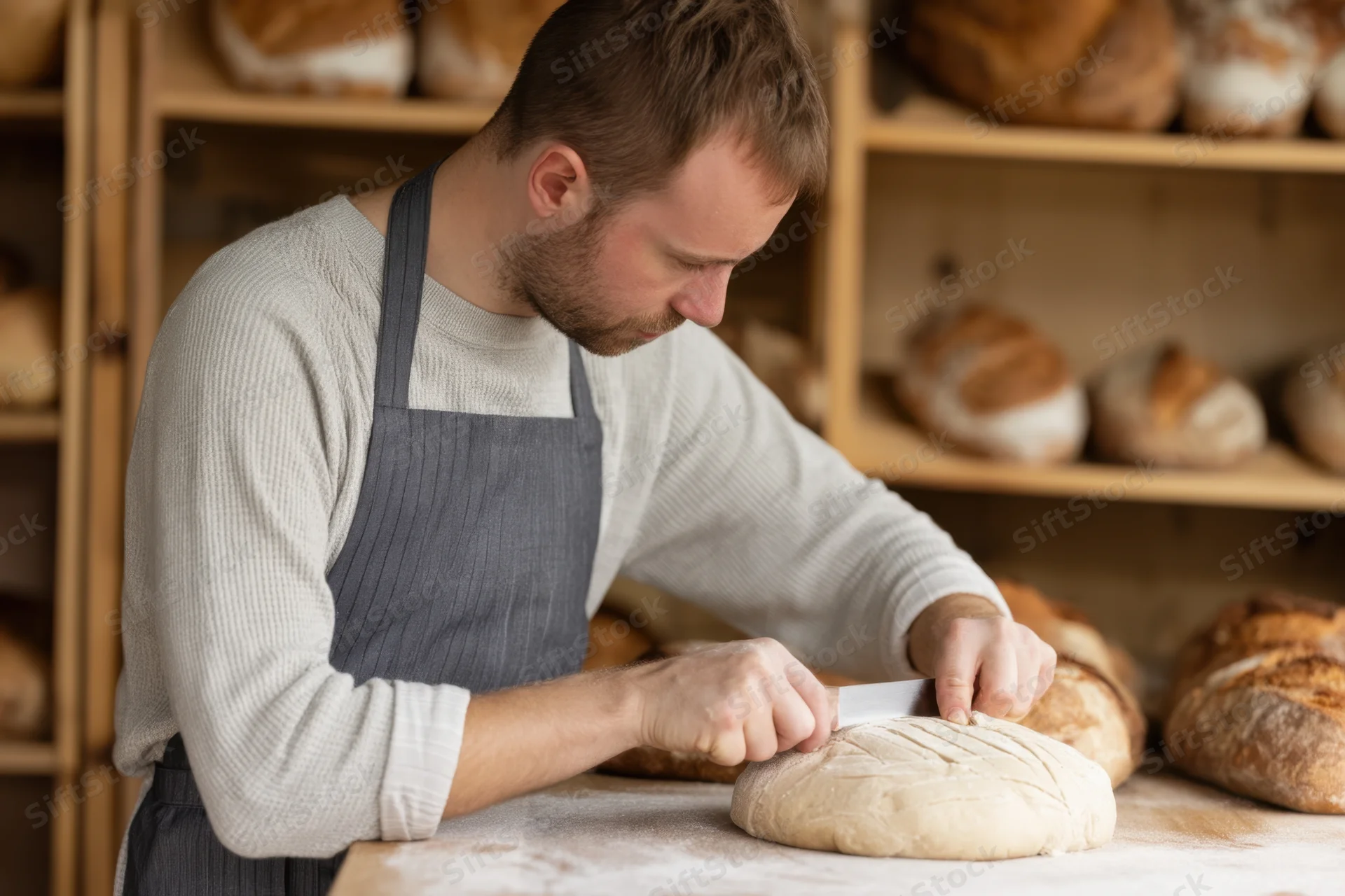 Male baker scoring a round loaf of dough on a floured table in a bakery with bread shelves behind him