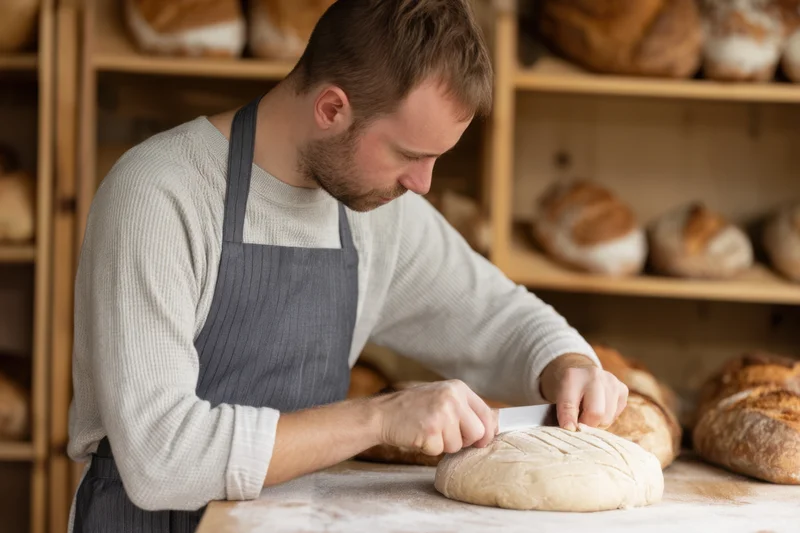 Male baker scoring a round loaf of dough on a floured table in a bakery with bread shelves behind him
