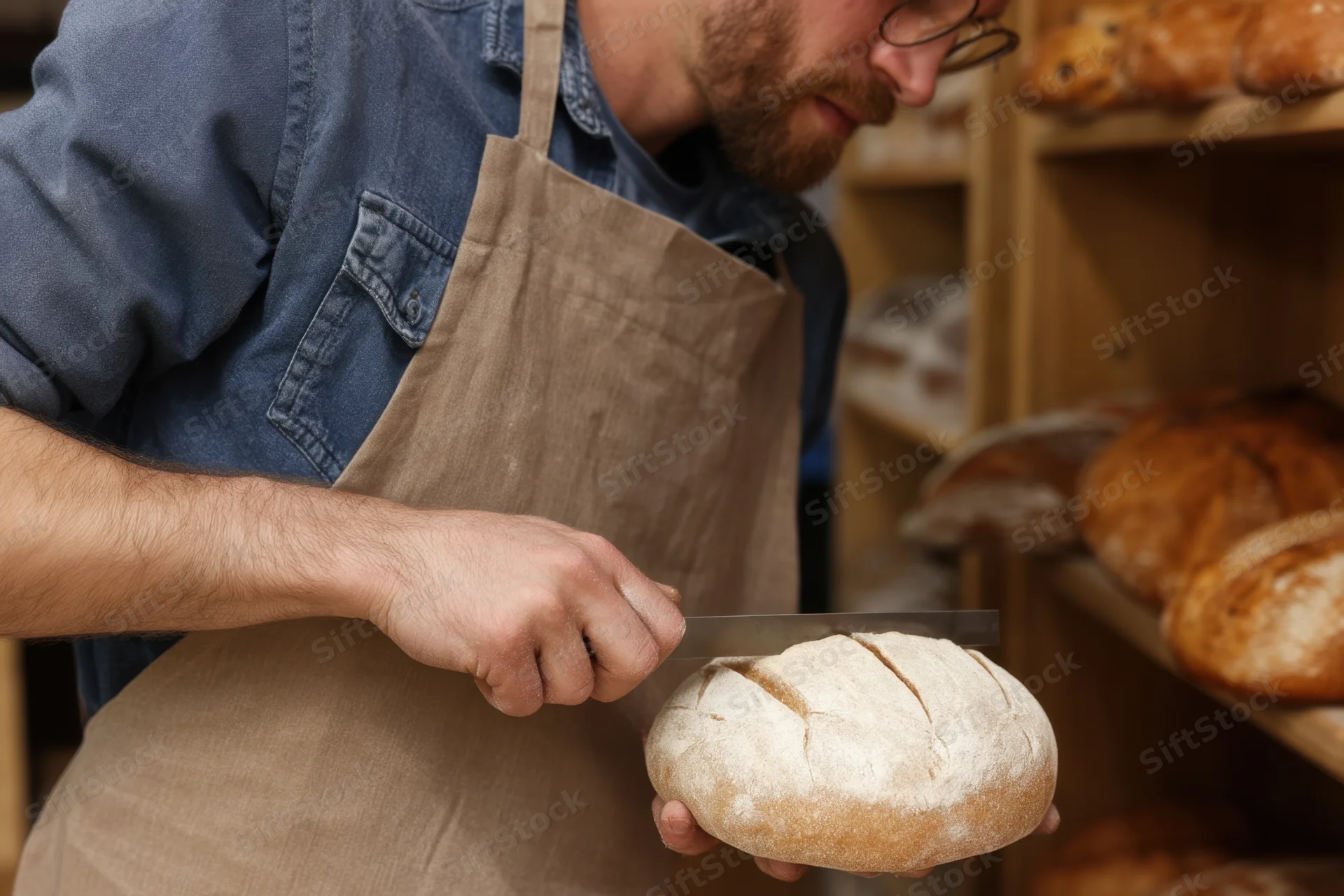 Male baker scoring a round loaf of bread with a knife in a bakery setting