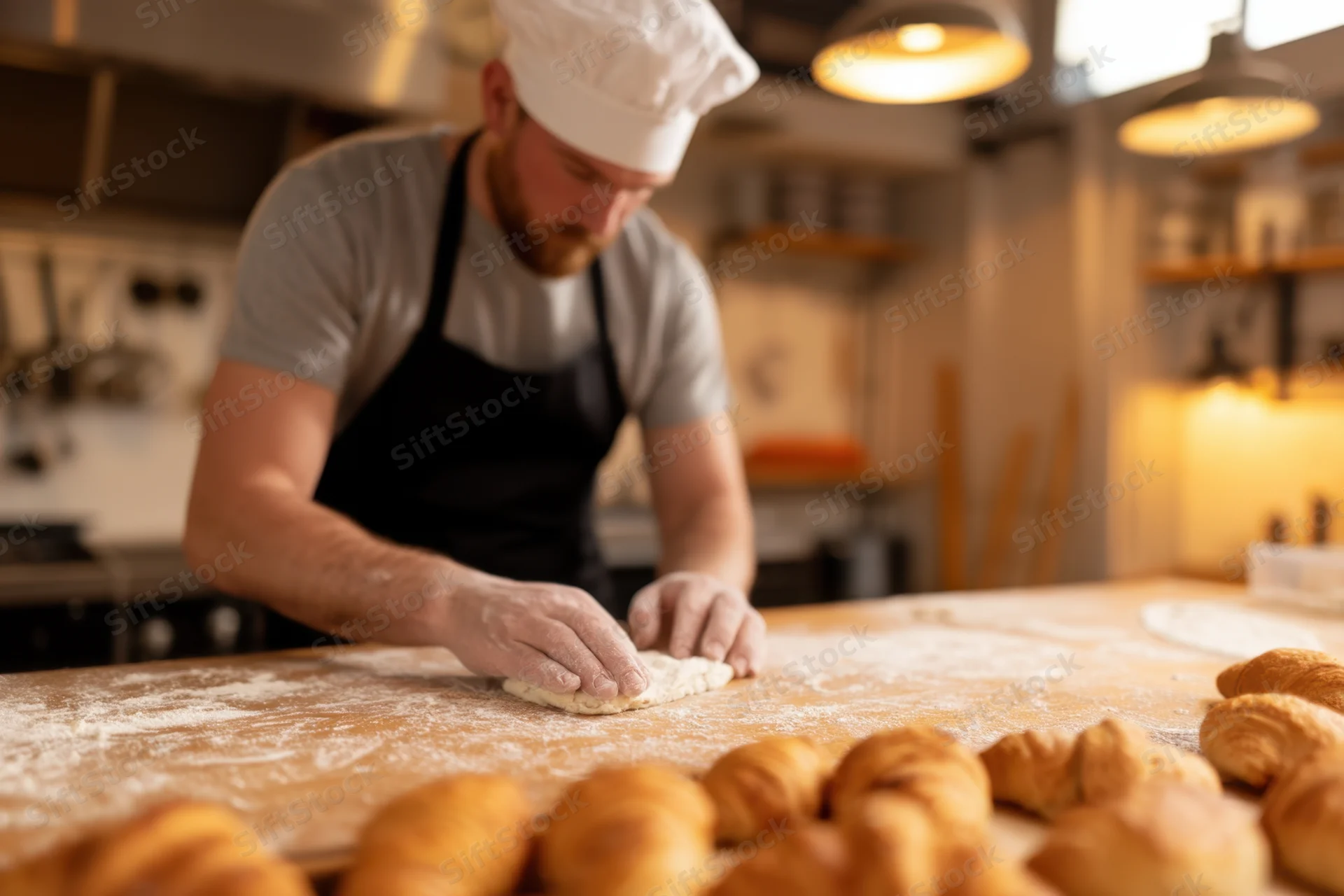 Male baker shaping dough on floured counter in professional kitchen with croissants in foreground