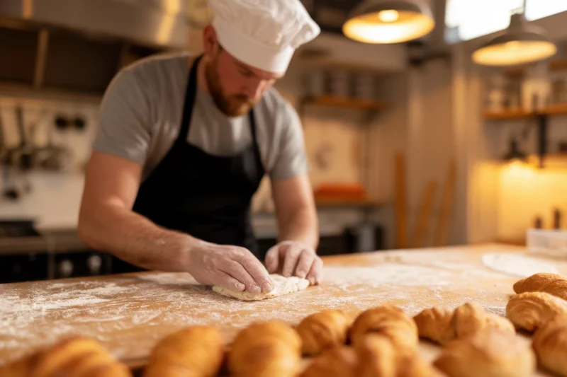 Male baker shaping dough on floured counter in professional kitchen with croissants in foreground