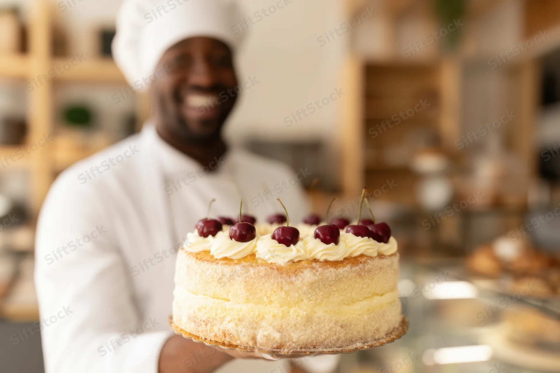 Baker holding a cherry-topped cake in a bakery