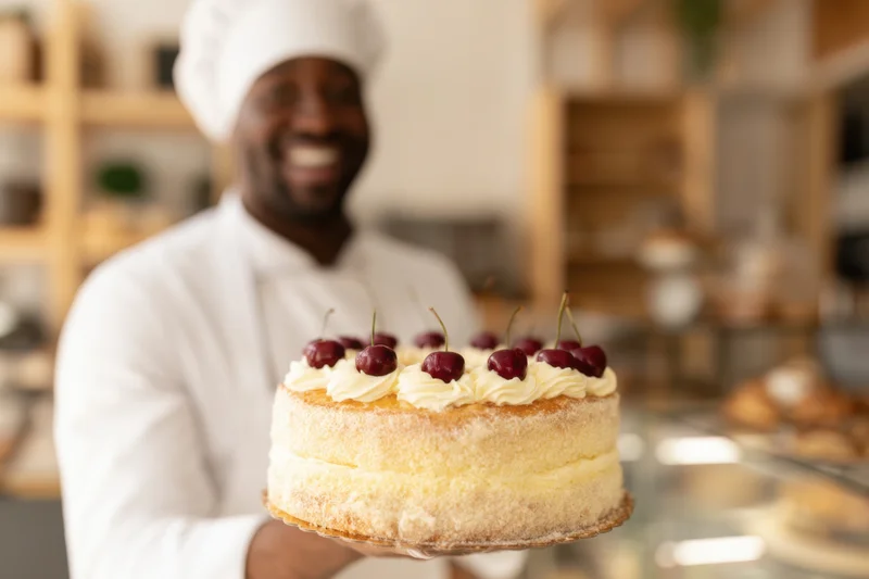 Baker holding a cherry-topped cake in a bakery