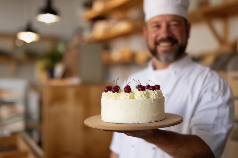 Male baker holding a white frosted cake with cherries in a bakery interior