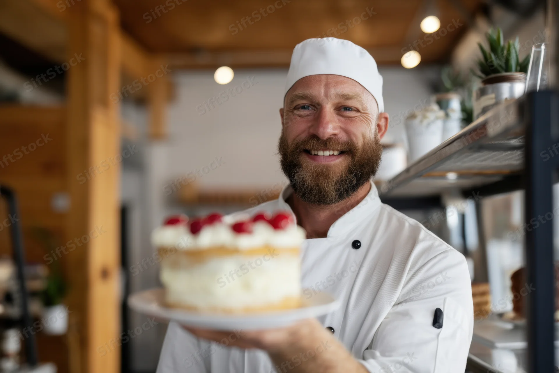 Bearded male baker smiling while holding a cherry-topped cake in a cozy bakery interior