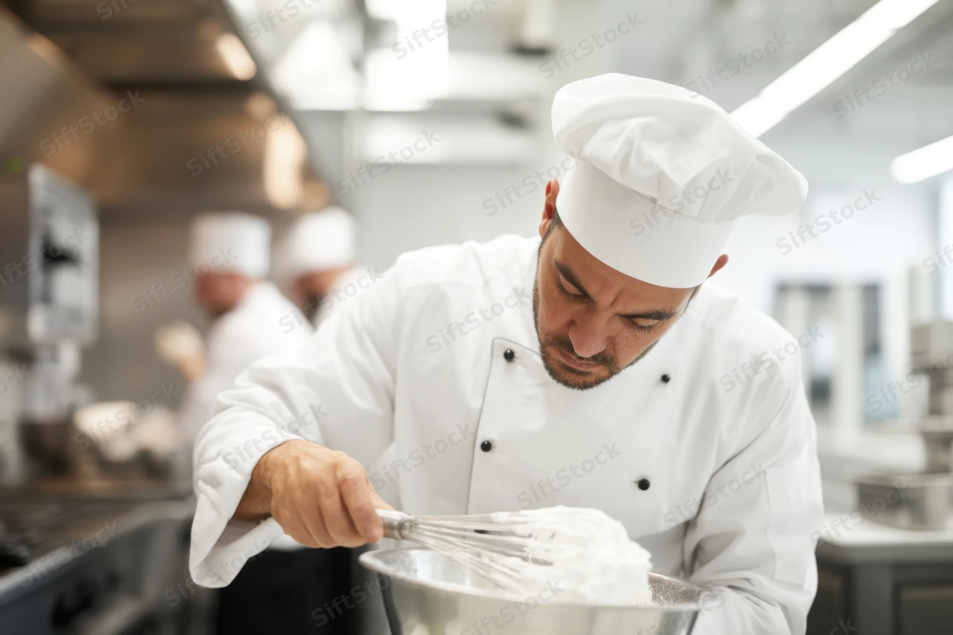 Male chef mixing cream in a metal bowl in a professional kitchen