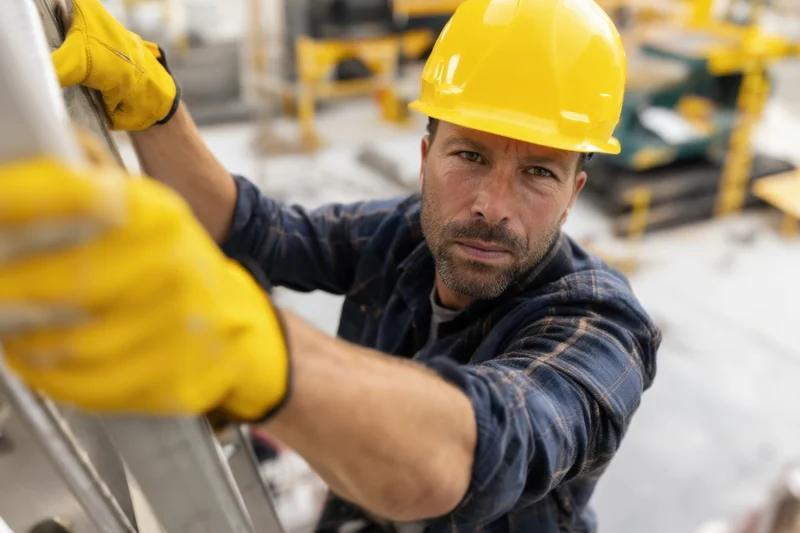 Male construction worker climbing ladder on building site wearing yellow hardhat and gloves