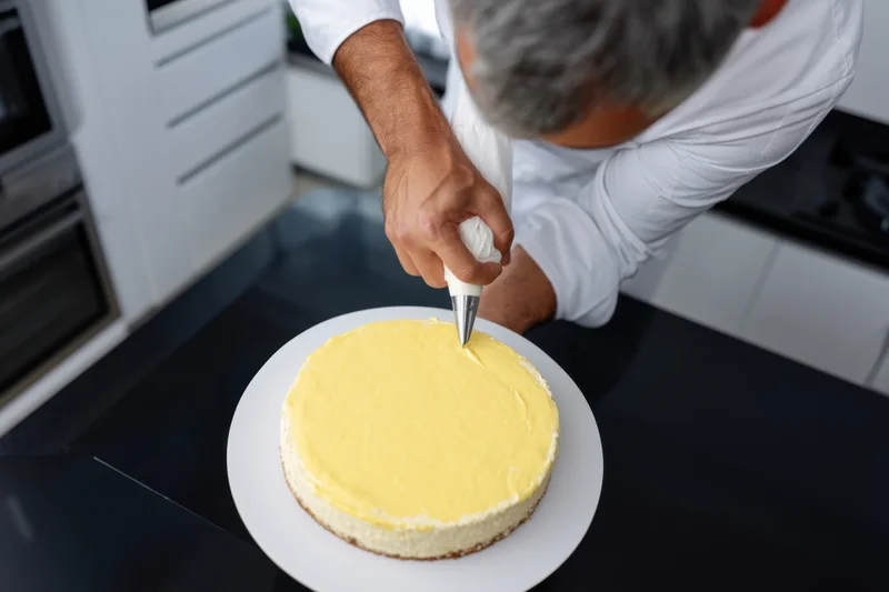 Male pastry chef decorating round cake with cream in kitchen