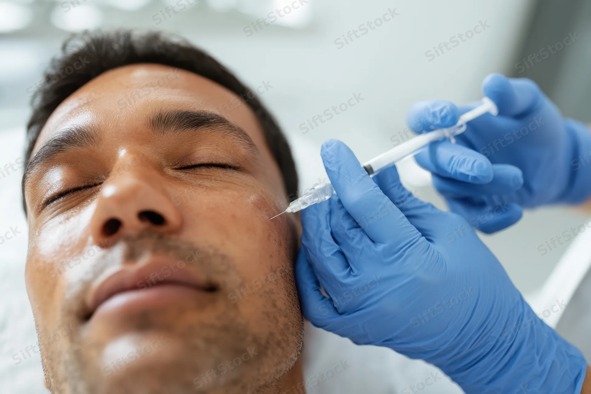 Man receiving facial cosmetic injection in a medical clinic setting