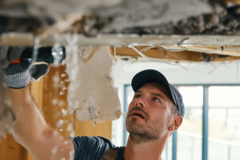 Plumber inspecting damaged ceiling during home renovation