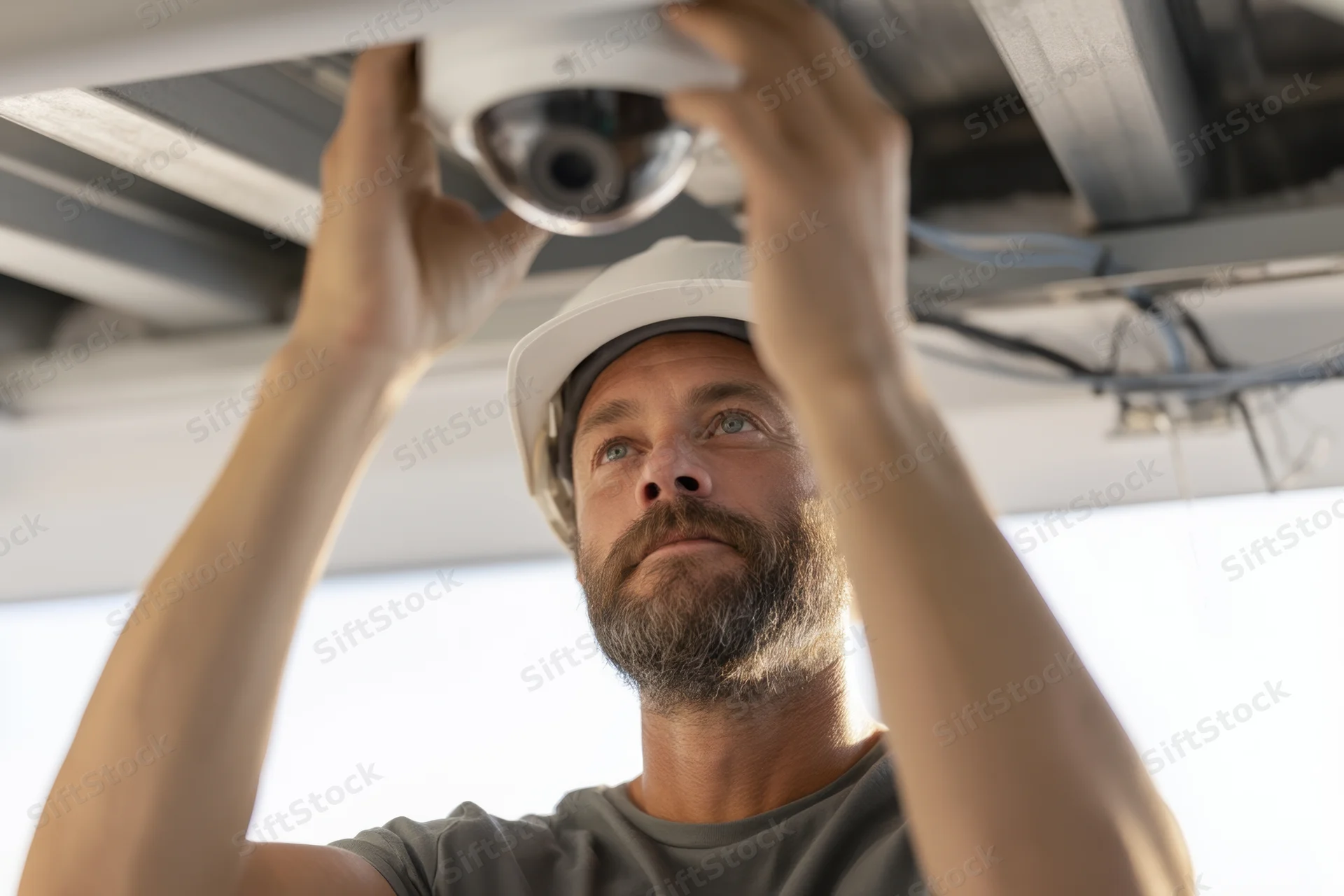 Man installing dome security camera on ceiling while wearing hardhat