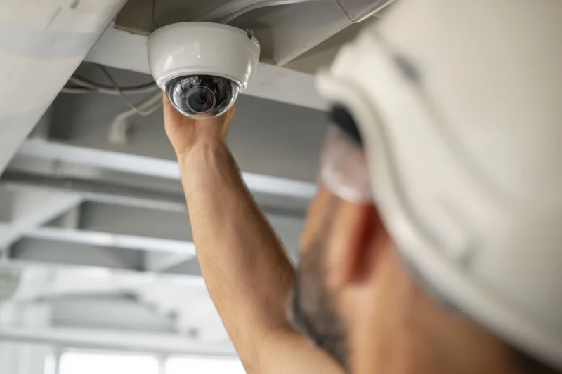 Technician installing dome security camera on ceiling in industrial setting