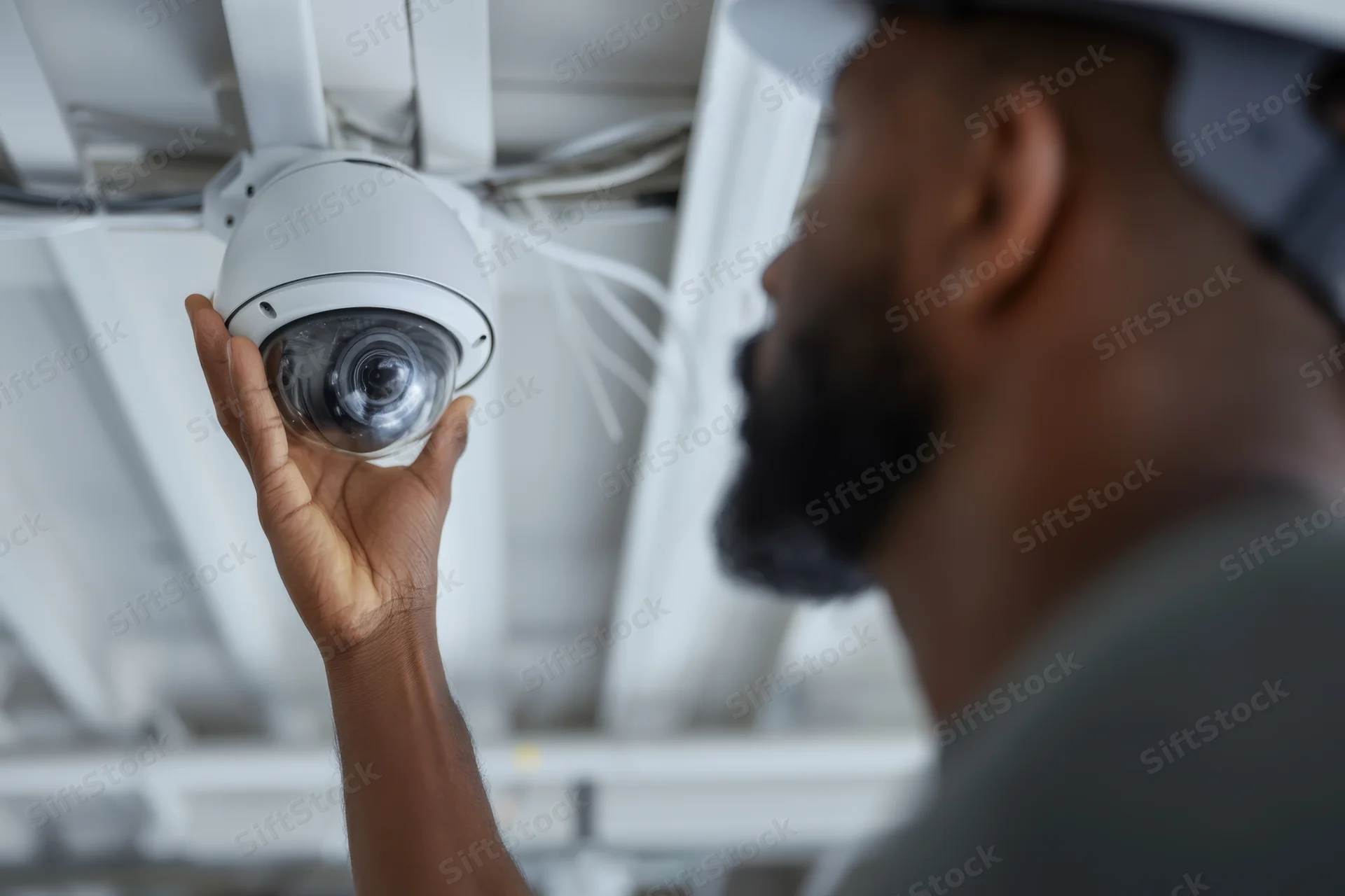 Man installing dome security camera on ceiling indoors
