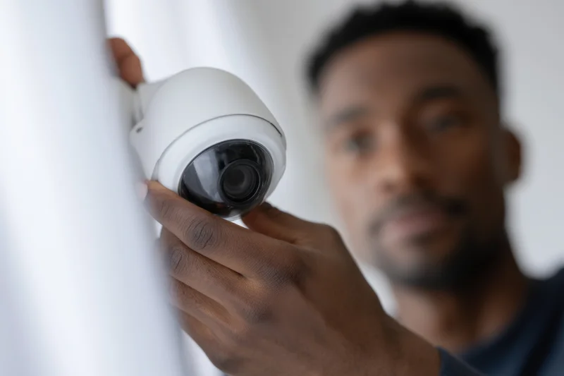 Man installing security camera on white wall indoors