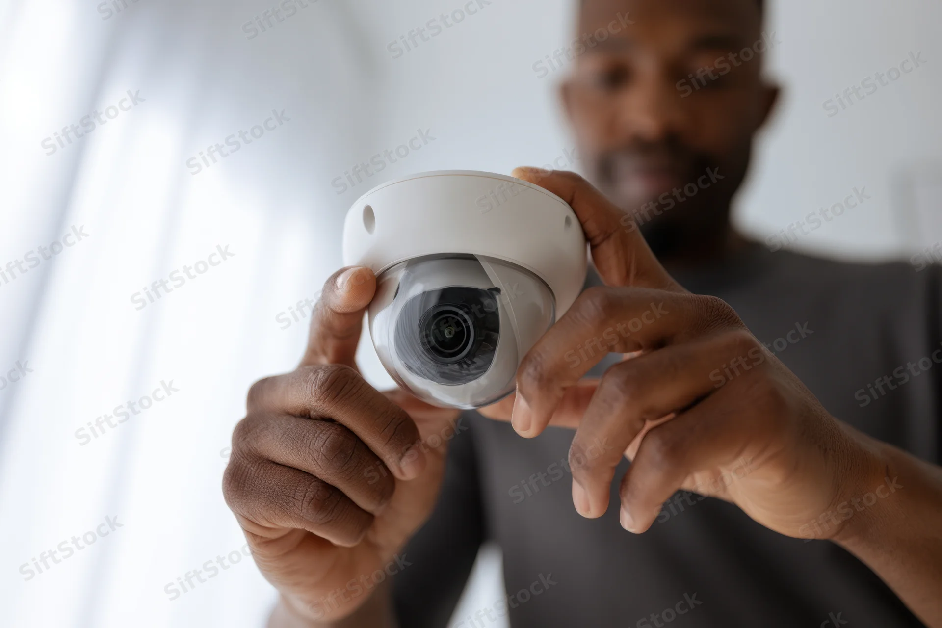 Man holding a white dome security camera during installation indoors