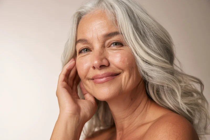 Mature woman with long wavy silver hair smiling gently with hand on cheek in studio portrait