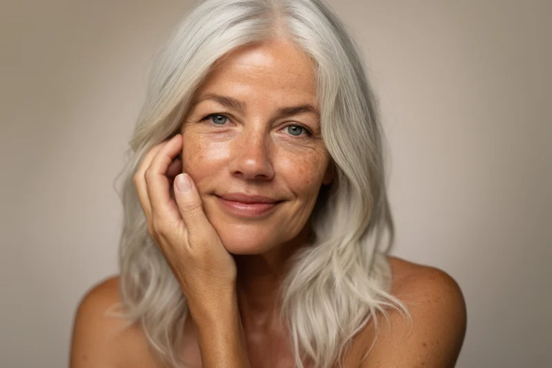 Mature woman with long wavy silver hair smiling gently with hand on cheek in studio portrait