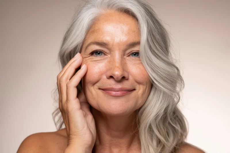 Mature woman with long wavy silver hair smiling gently while touching her face in studio setting