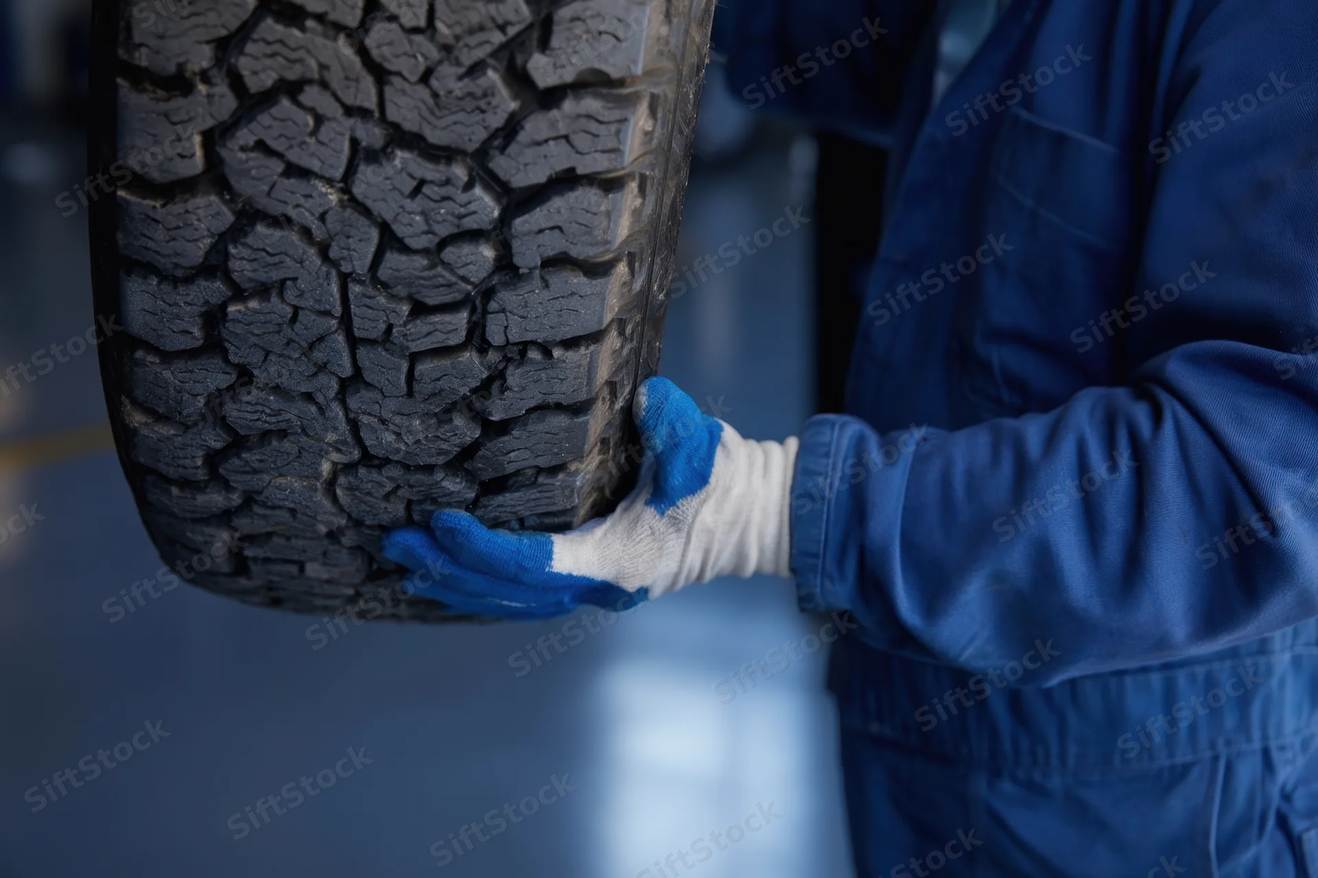 Mechanic holding a worn tire for inspection in a workshop