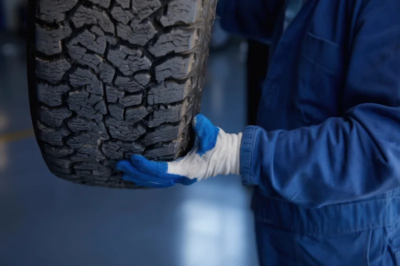 Mechanic holding a worn tire for inspection in a workshop