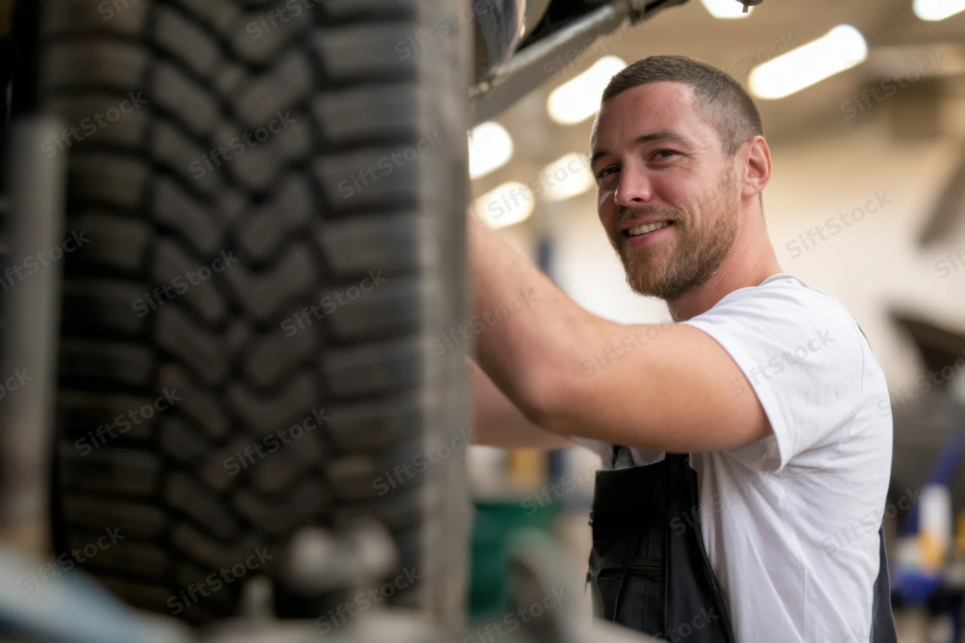 Mechanic smiling while working on a tire in a workshop