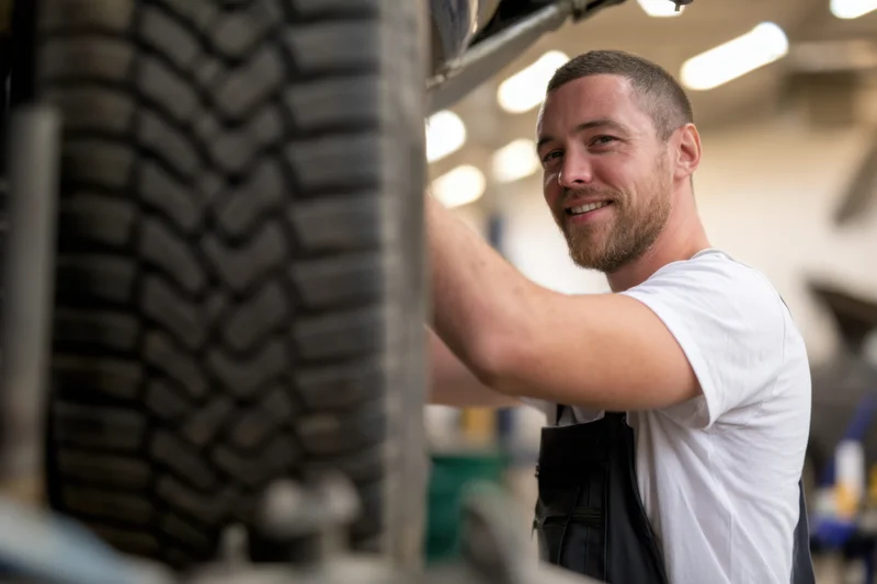 Mechanic smiling while working on a tire in a workshop