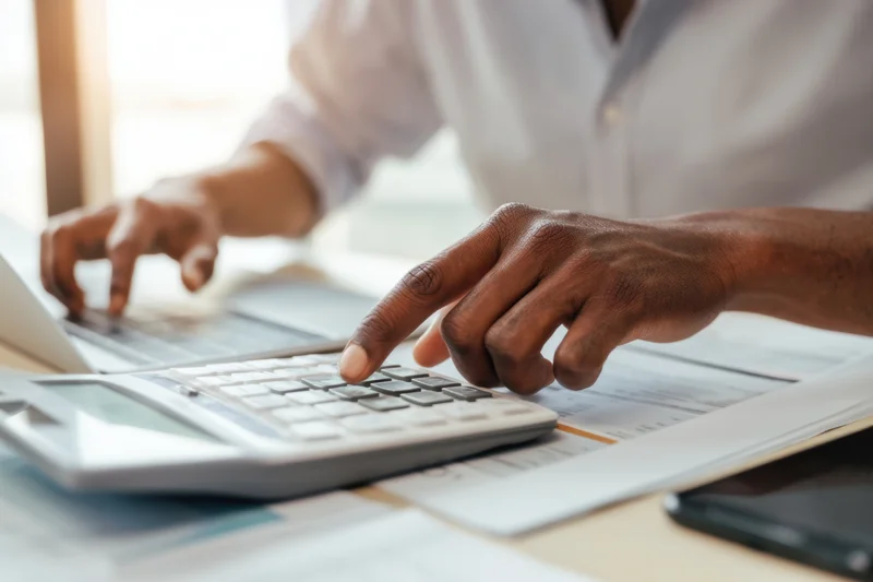 Black man calculating figures on a desk with calculator and laptop in modern office workspace