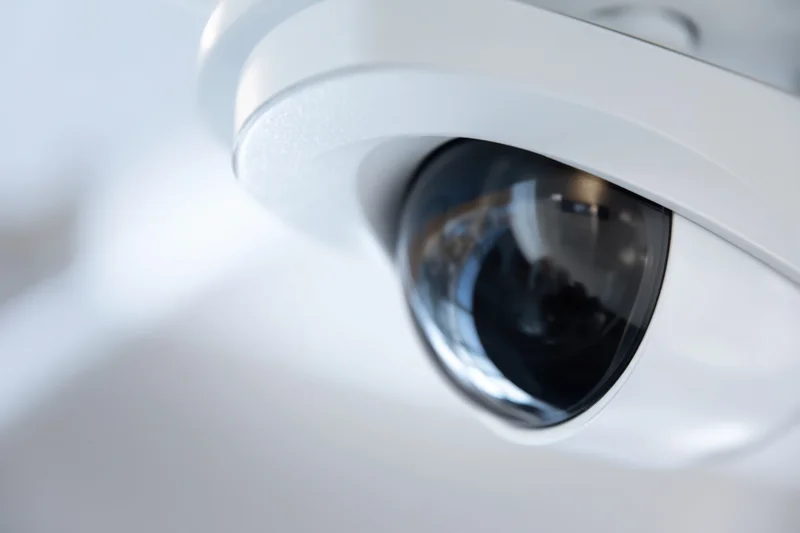 Close-up of a white dome security camera mounted on a ceiling, showing its lens and reflective surface
