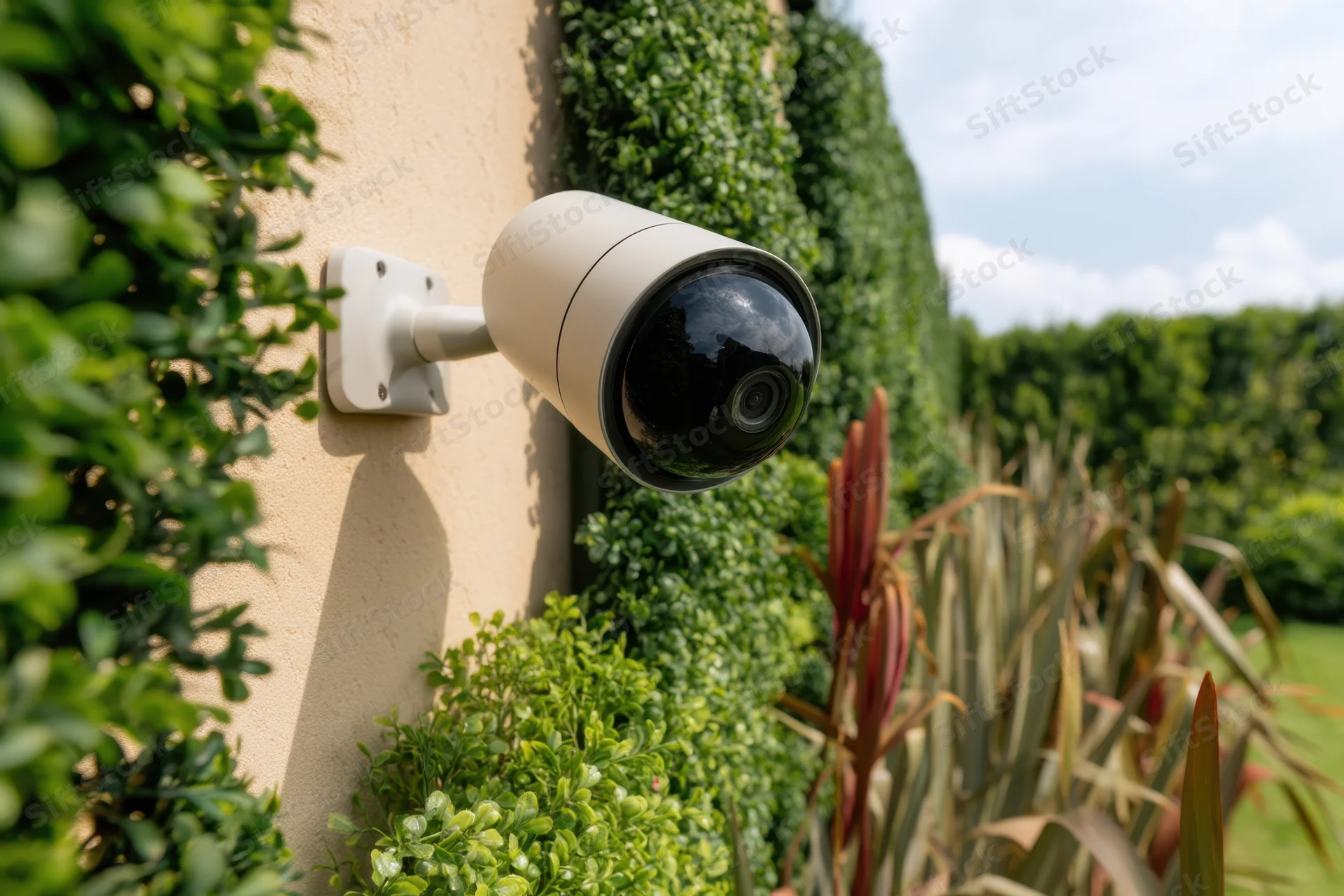 Modern security camera mounted on beige wall surrounded by green ivy and garden plants in daylight