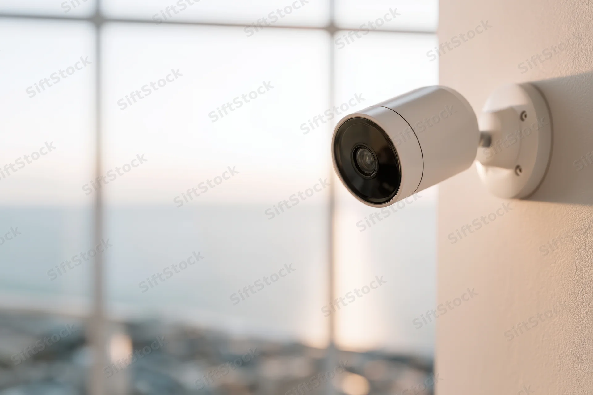 Modern white security camera mounted on a wall near a window overlooking the ocean