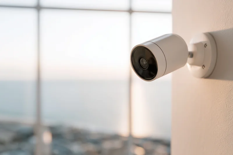 Modern white security camera mounted on a wall near a window overlooking the ocean